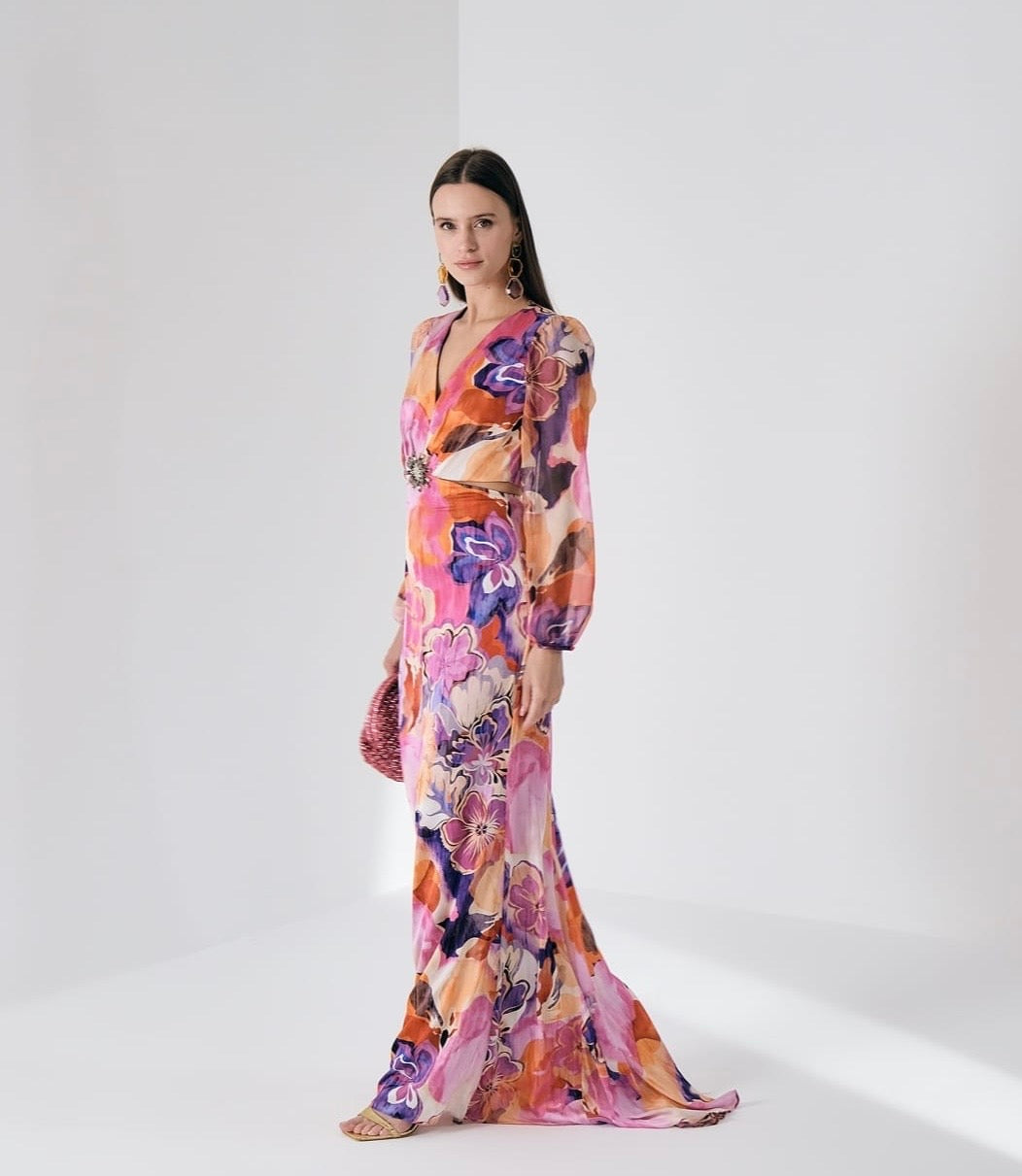Divamo - Summer Fushia Long Sleeve Floral Dress with open Sides