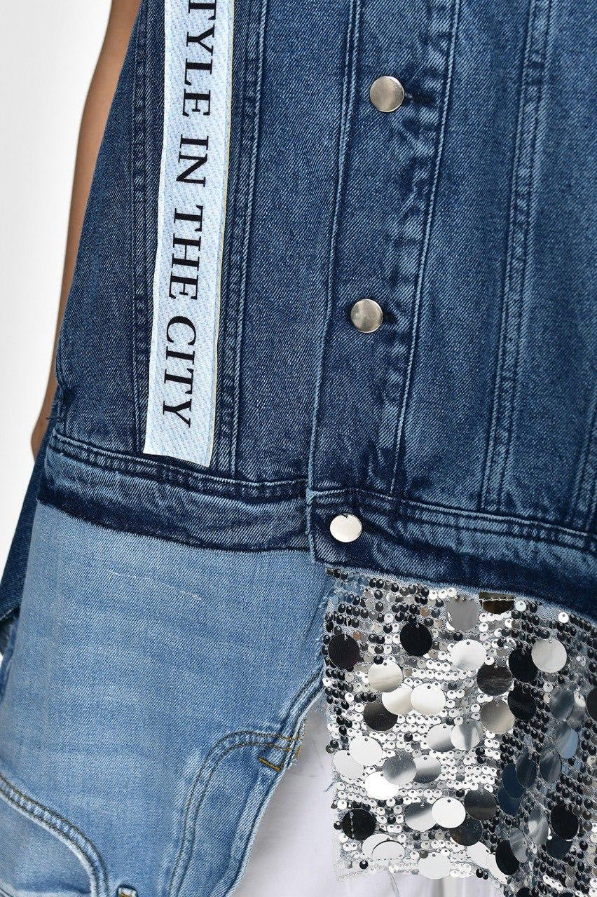 Divamo - Bulky Denim Vest With Sequence