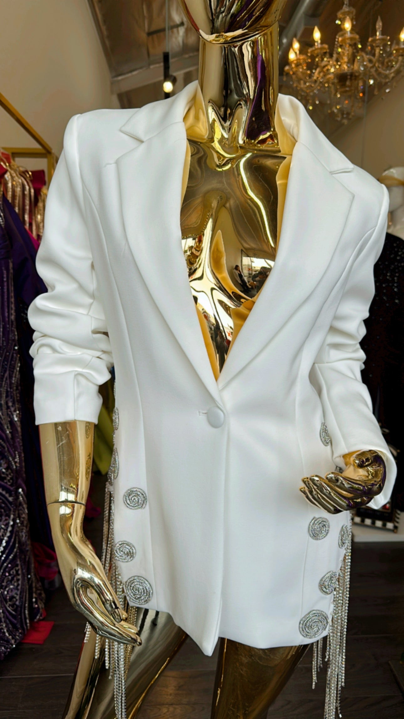 Divamo - White Blazer Jacket with silver spiral embellishments