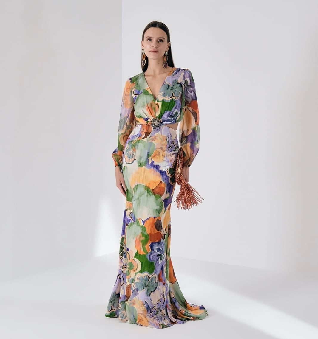 Divamo - Summer Green Long Sleeve Floral Dress with Open Sides - Gr