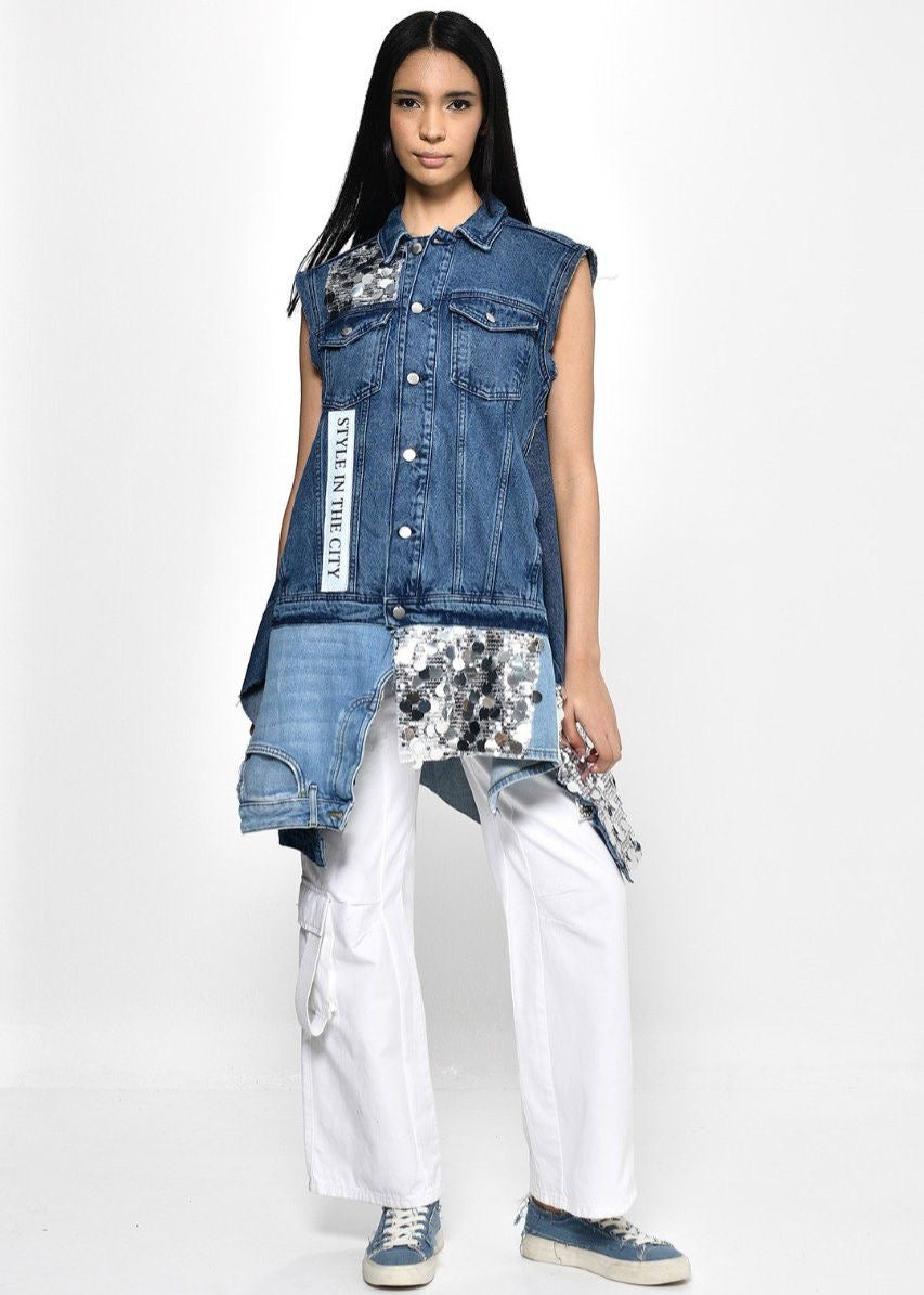 Divamo - Bulky Denim Vest With Sequence