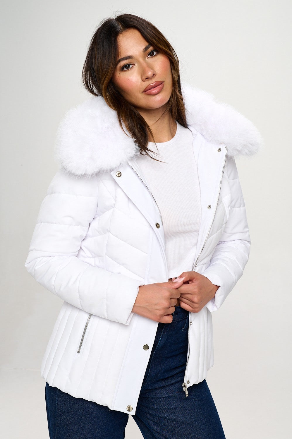 Divamo - Puffer Coat with with Removable Faux Fur Collar
