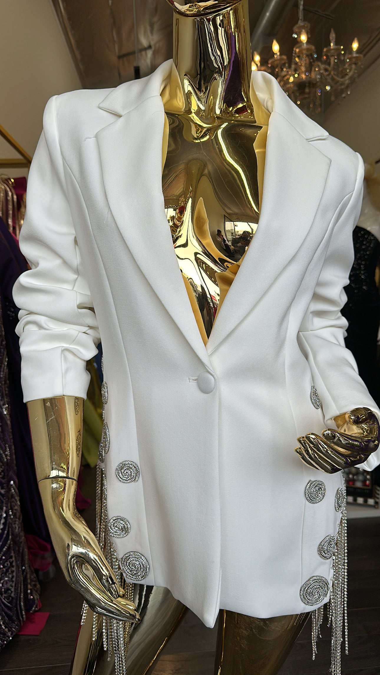 Divamo - White Blazer Jacket with silver spiral embellishments