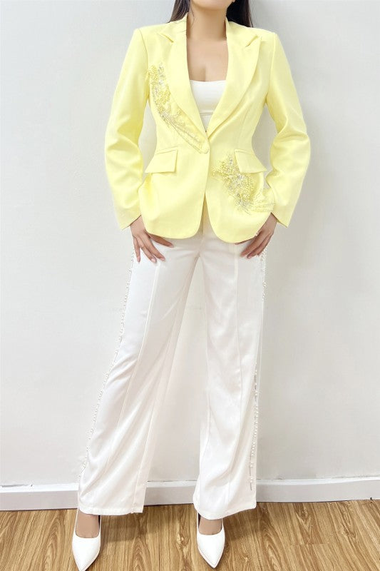 Divamo - Women’s Lemon Yellow Embellished Blazer