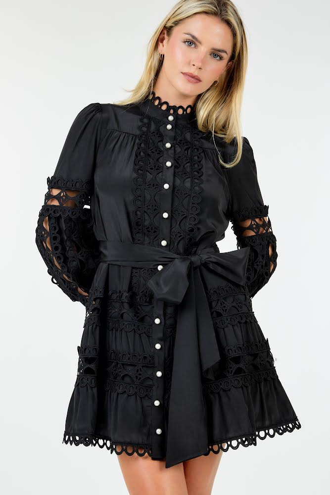 Divamo - Lace Mock Neck Short Dress -BK