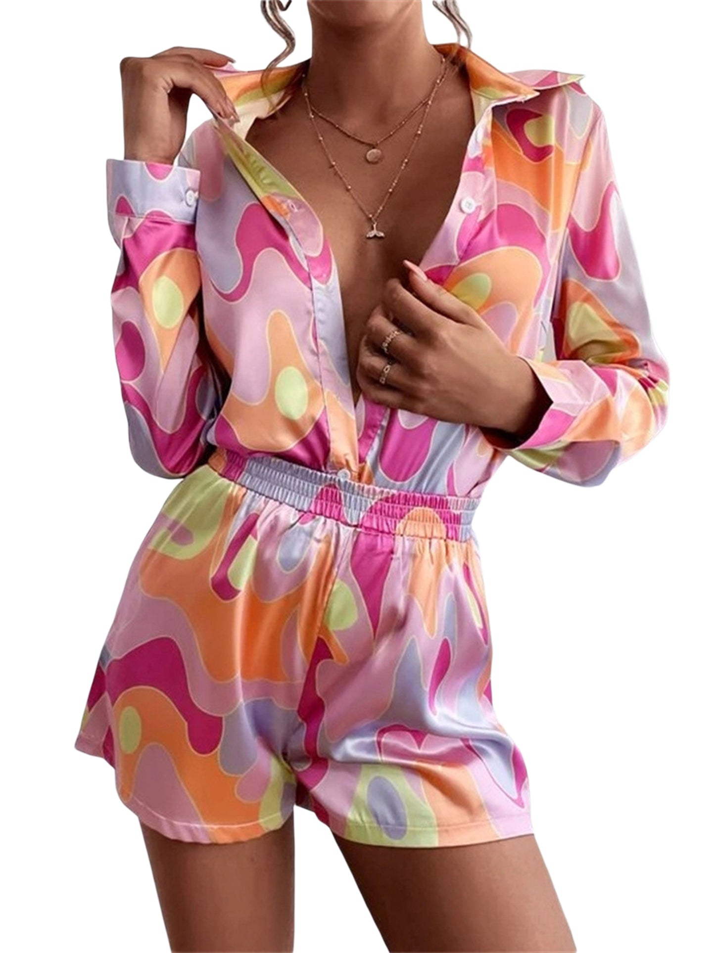 Divamo - Tracksuits Set Button Down Shirt Blouse High Waist Shorts Summer Clothes Outfits