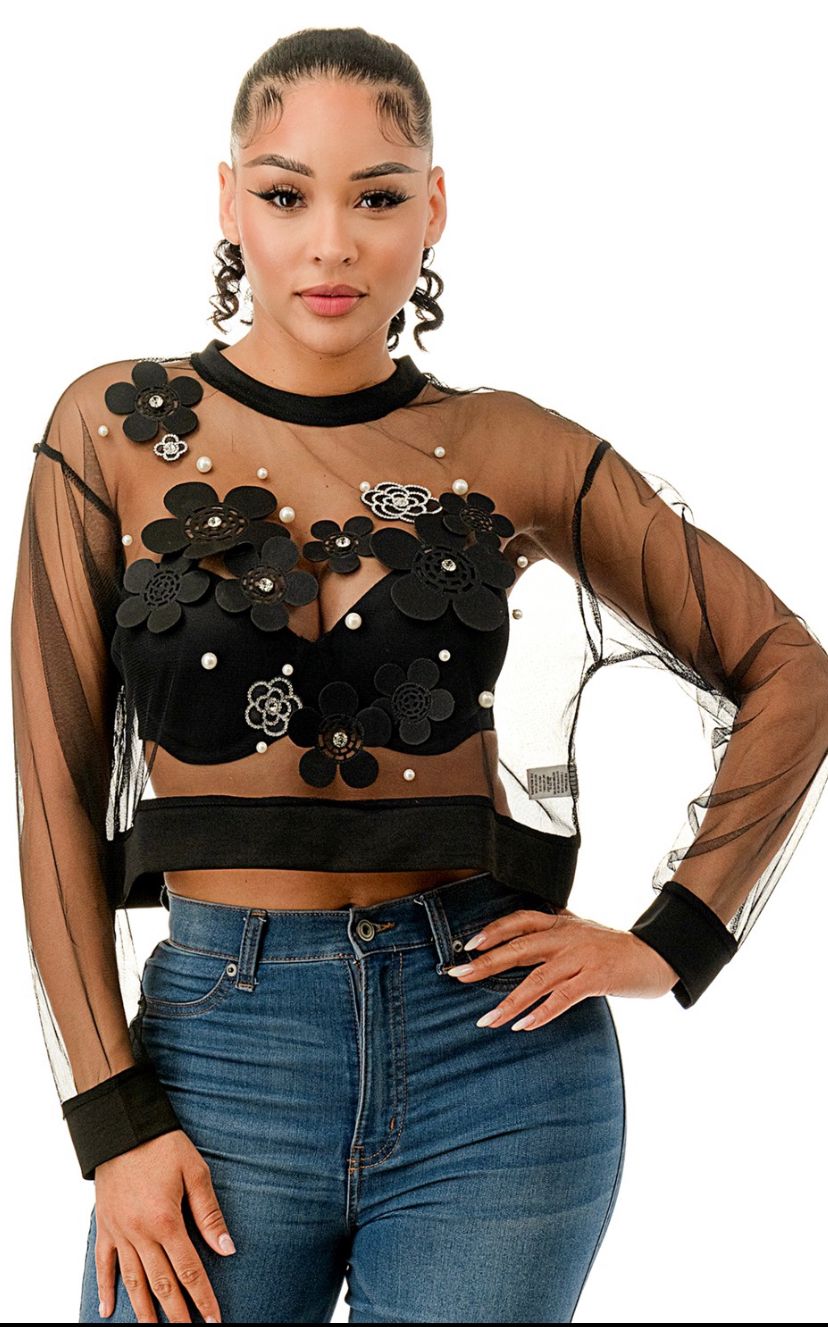 Divamo - See Through Floral Blouse Black