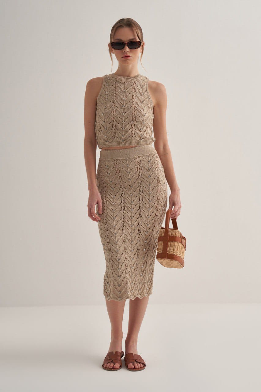 Divamo - Woman Summer Outfit 2PC Set - Crochet with Rhinestone