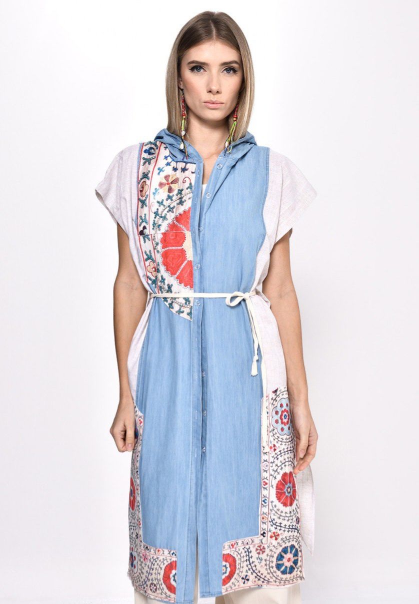 Divamo - Denim/Lenin Vest With Embroidery Pattern
