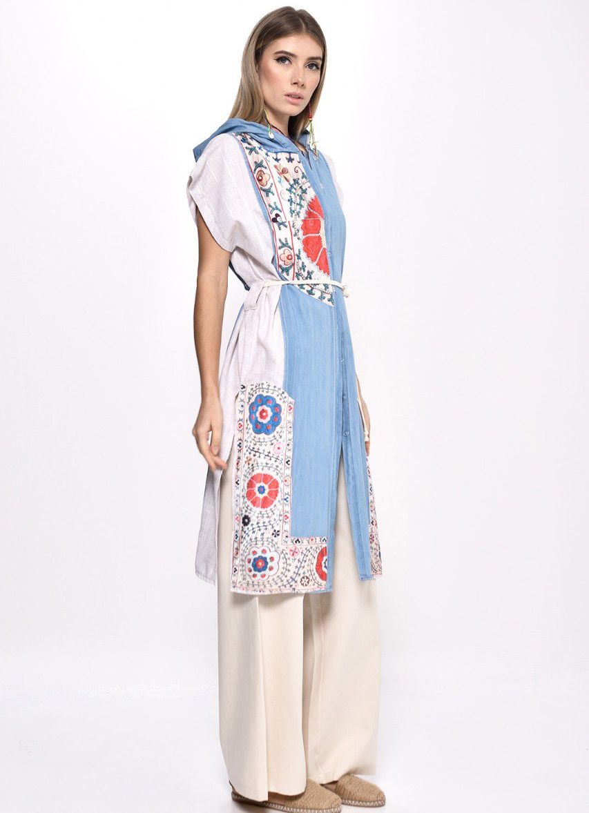 Divamo - Denim/Lenin Vest With Embroidery Pattern