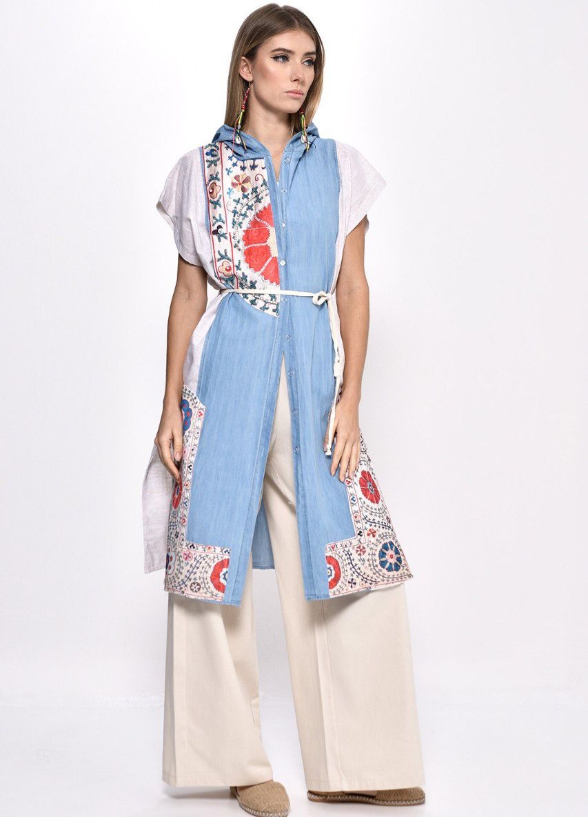Divamo - Denim/Lenin Vest With Embroidery Pattern