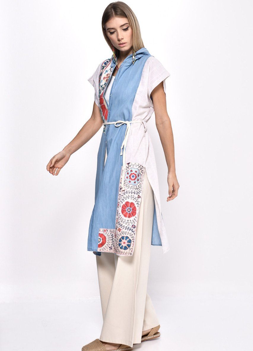 Divamo - Denim/Lenin Vest With Embroidery Pattern