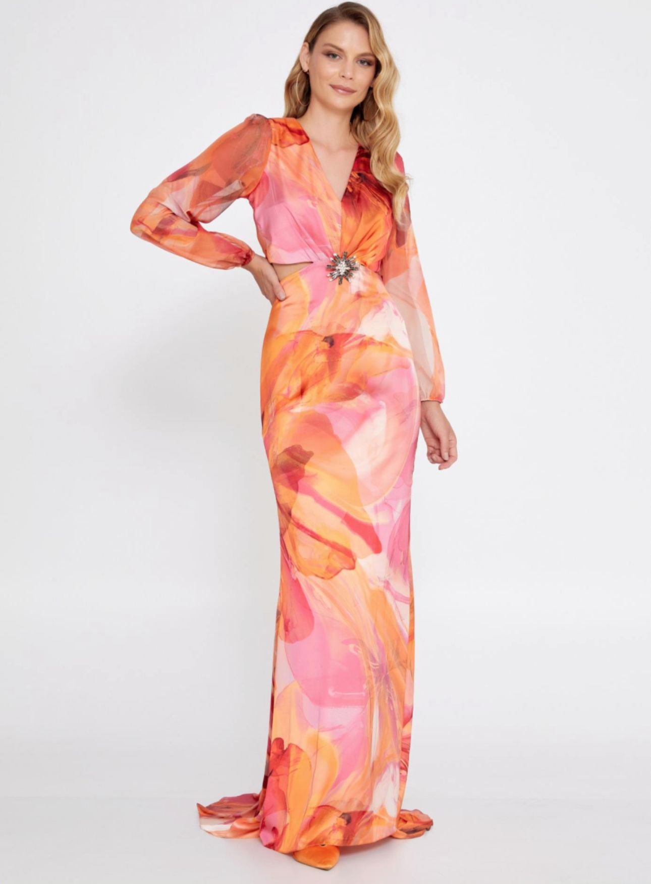 Divamo - Summer Orange Long Sleeve Floral Dress with Open Sides