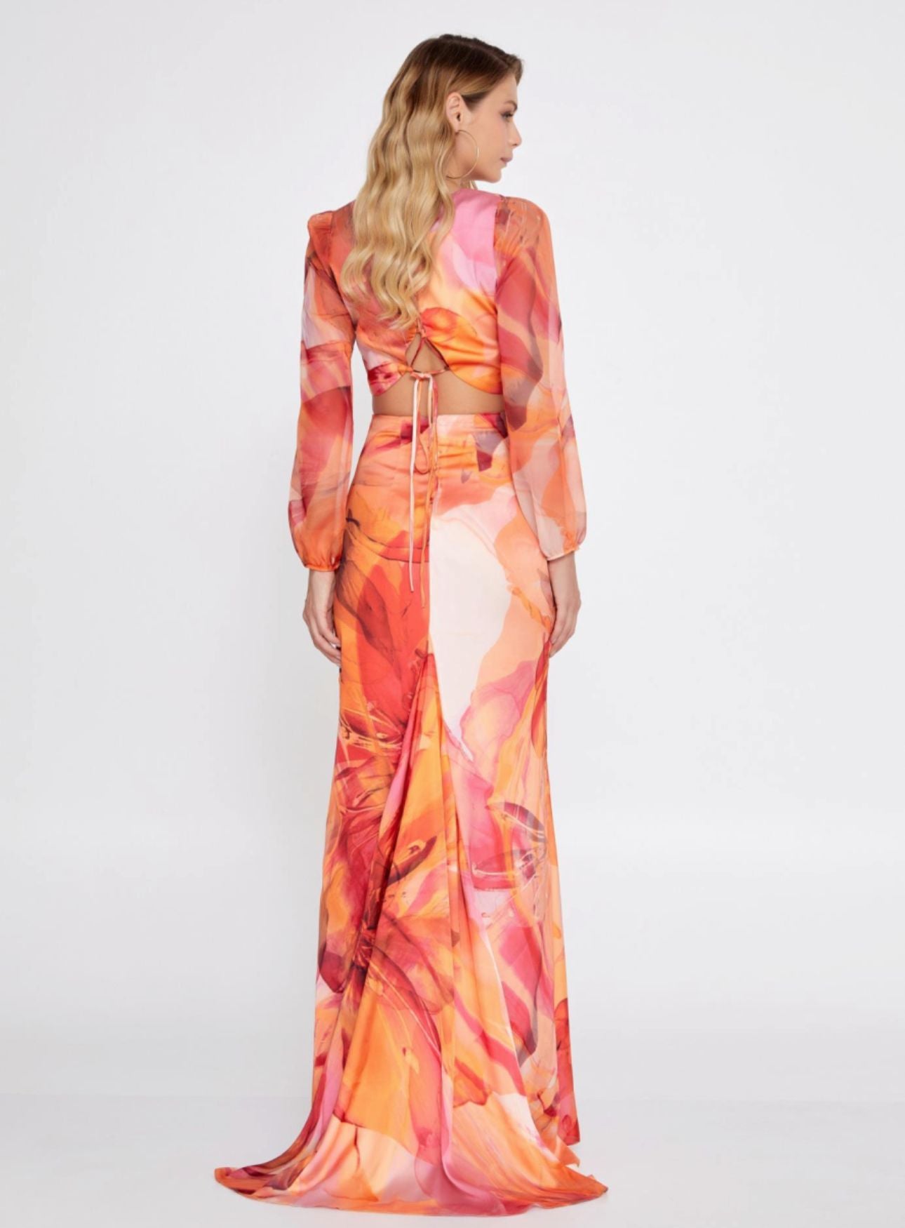 Divamo - Summer Orange Long Sleeve Floral Dress with Open Sides