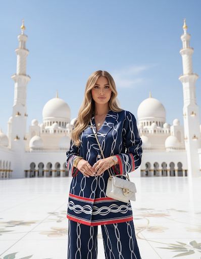 Navy Chain Print Two-Piece Set (Blazer & Wide-Leg Pants)