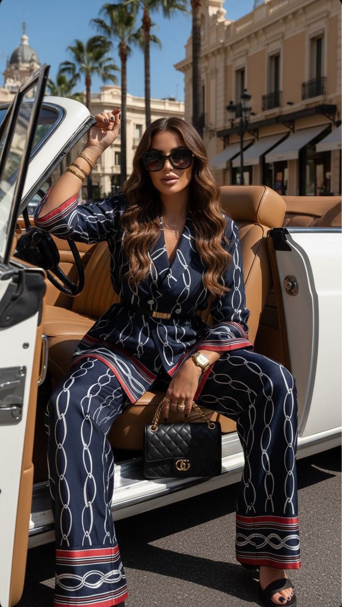 Navy Chain Print Two-Piece Set (Blazer & Wide-Leg Pants)