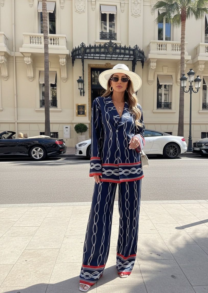 Navy Chain Print Two-Piece Set (Blazer & Wide-Leg Pants)