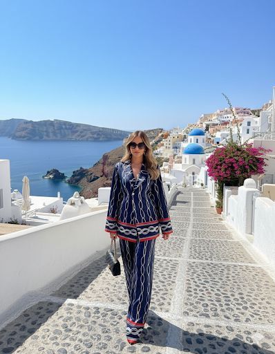 Navy Chain Print Two-Piece Set (Blazer & Wide-Leg Pants)
