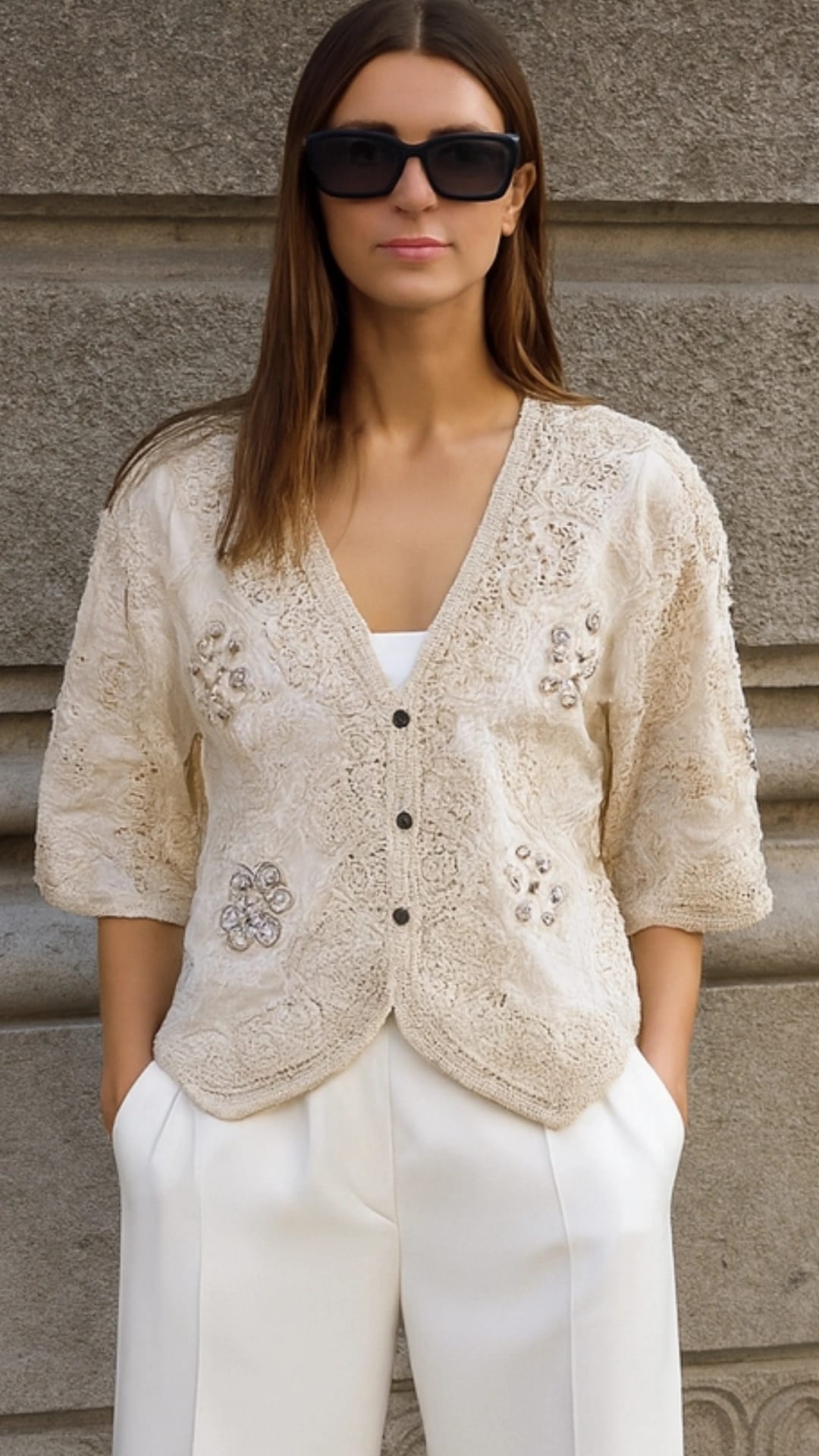 Elegant Beige Lace Blouse & White Wide-Leg Pants Set