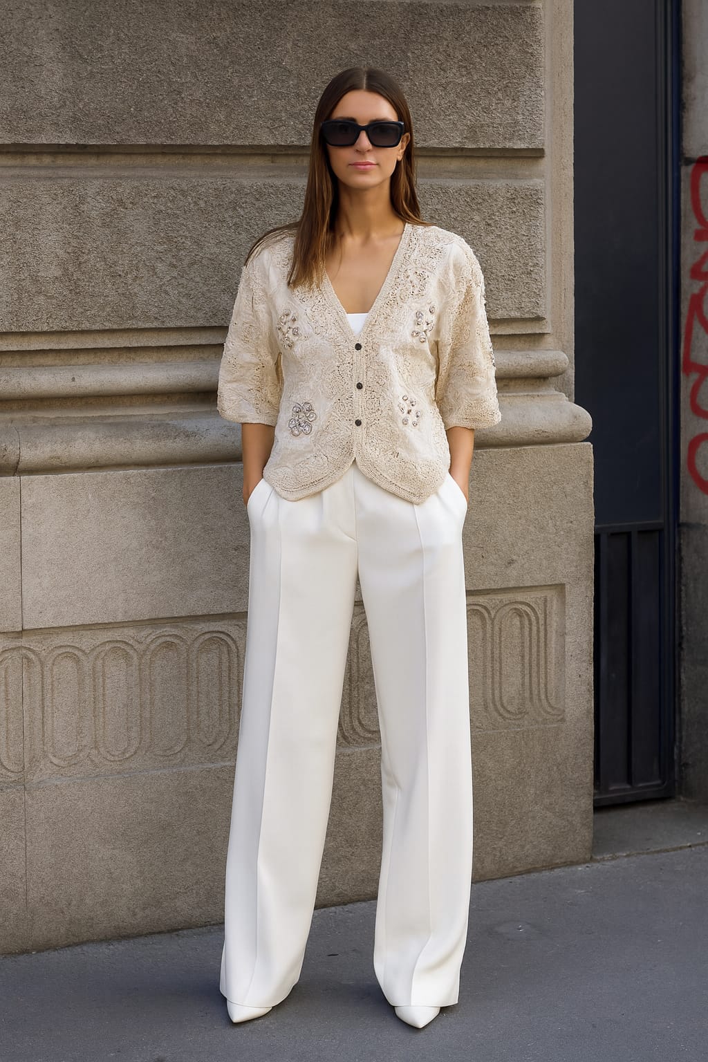Elegant Beige Lace Blouse & White Wide-Leg Pants Set