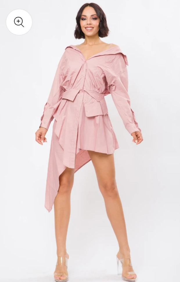 Divamo - Chic Asymmetrical Pink Shirt Dress – Belted Waist