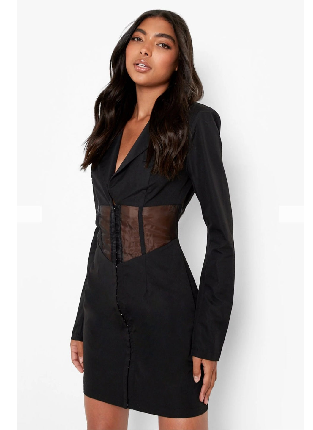Divamo - Black Blazer Mini Dress with Sheer Corset Detail