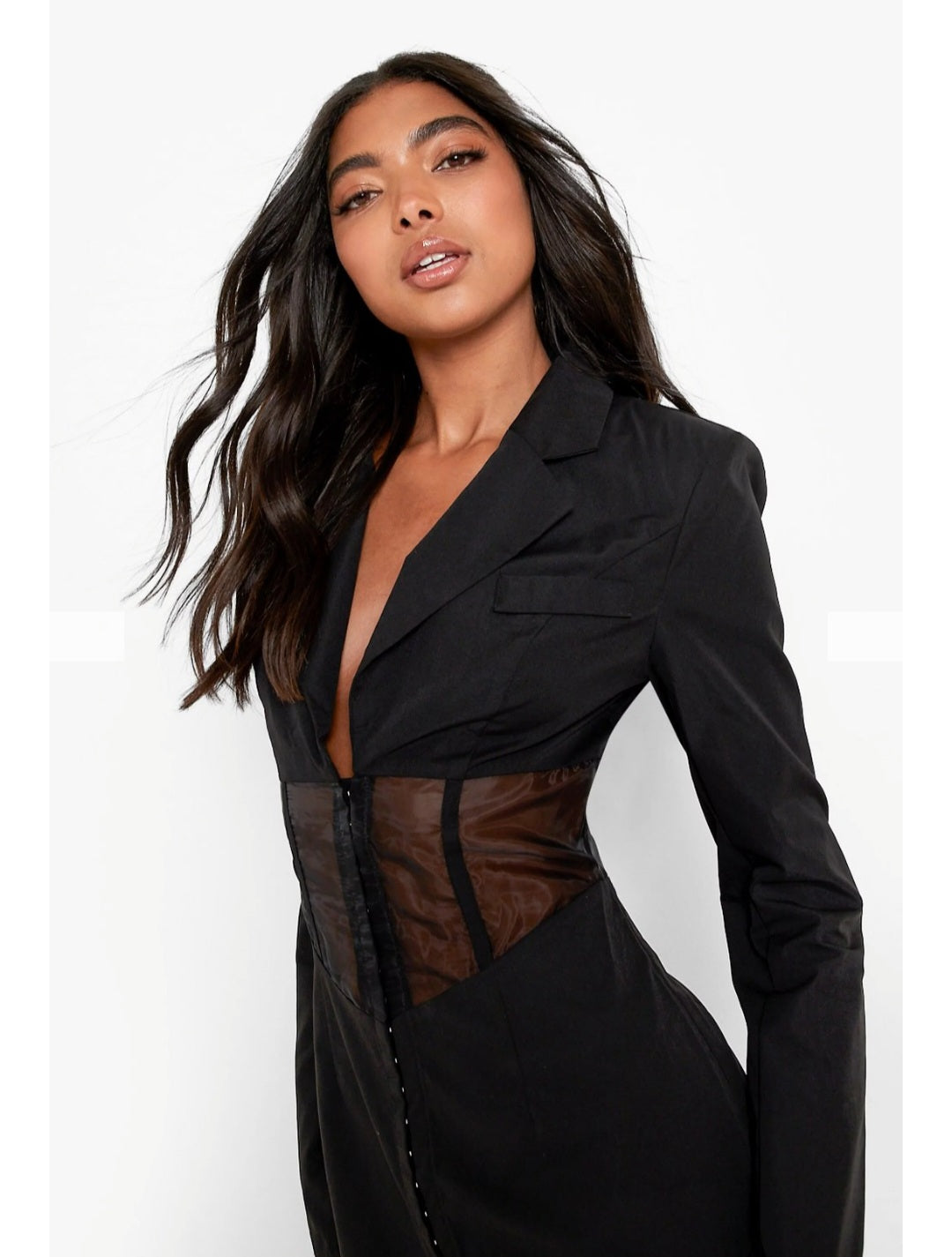 Divamo - Black Blazer Mini Dress with Sheer Corset Detail