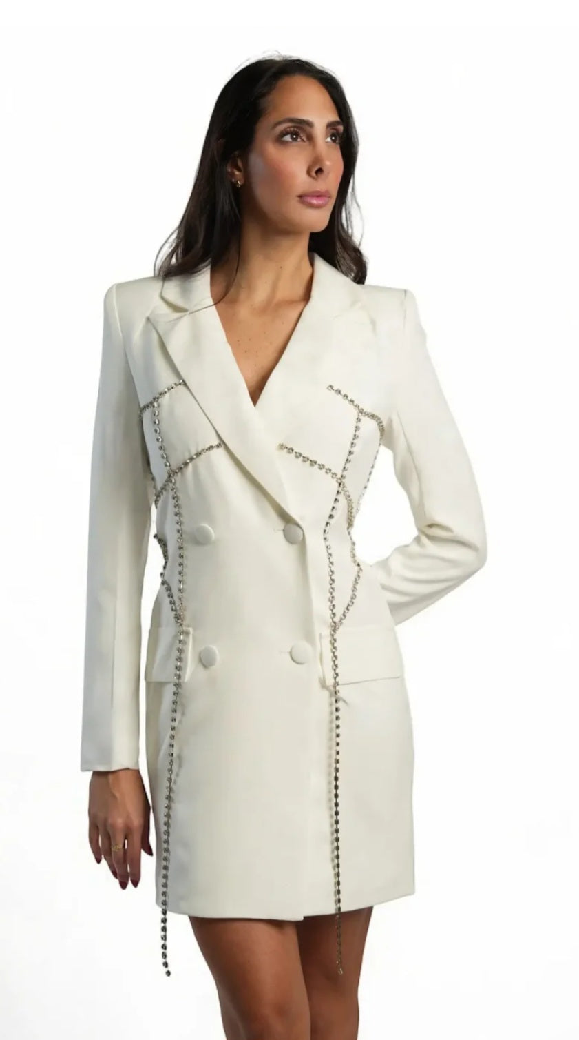Divamo - White Blazer Dress with Crystal Chain Detailing
