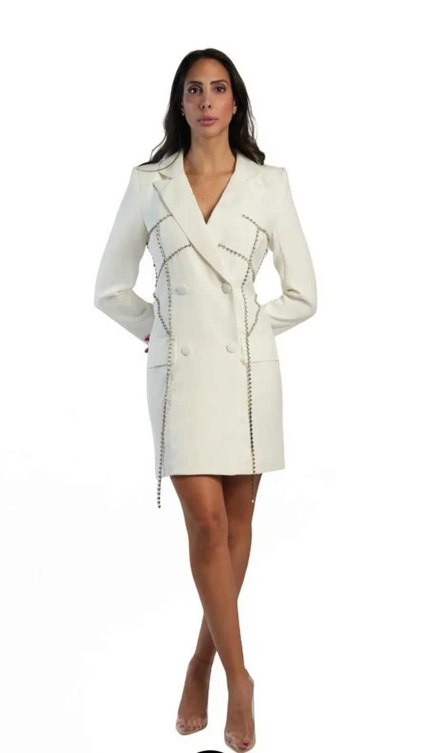 Divamo - White Blazer Dress with Crystal Chain Detailing