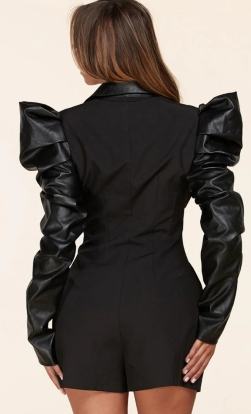 Divamo - Power Statement Black Romper with Faux Leather Detail