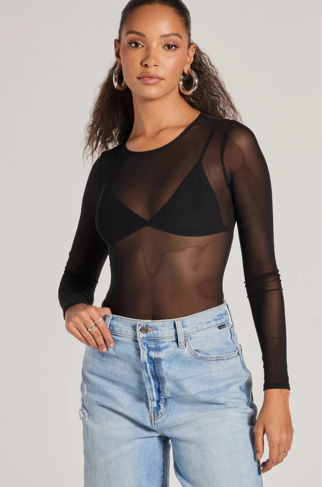 Divamo - Sheer Black Mesh Long Sleeve Bodysuit