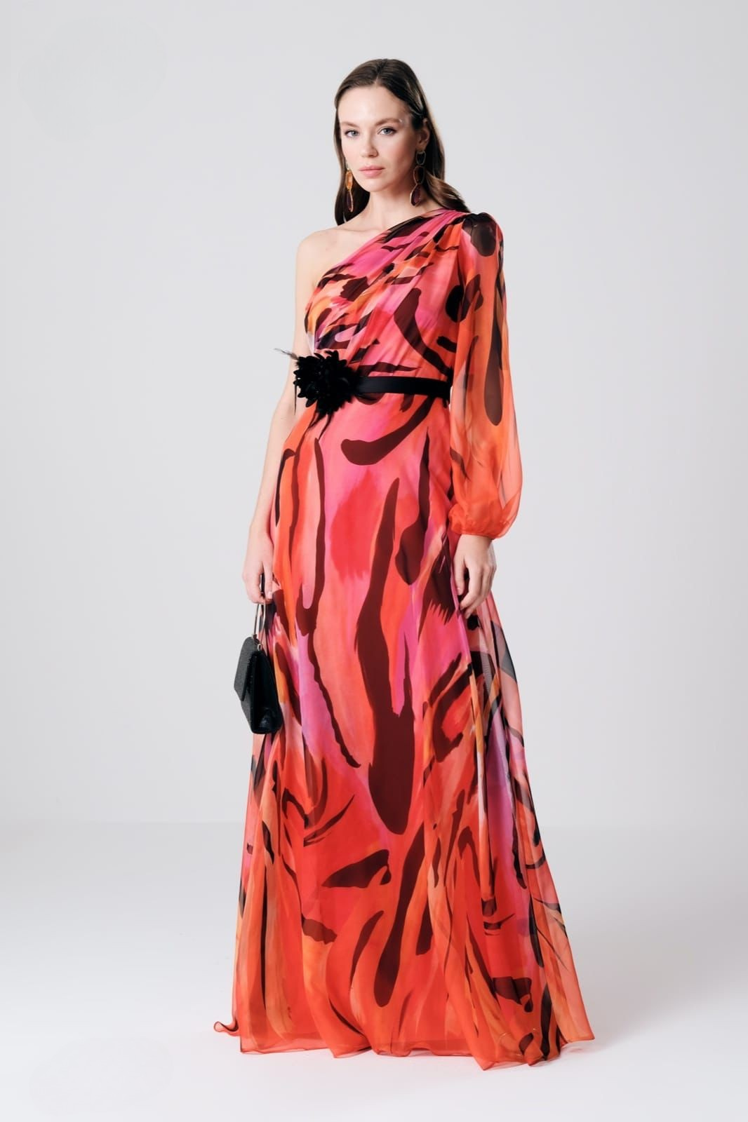 Divamo - Summer Coral / Orange Floral Long Dress One Sleeve