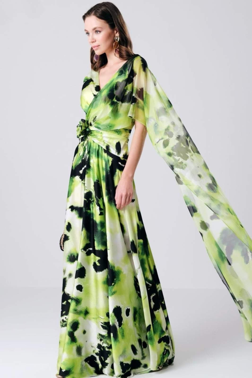 DIvamo - Summer Green Floral Long Dress One Sleeve Cape