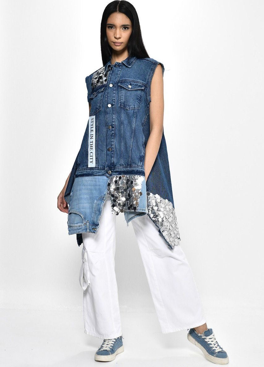 Divamo - Bulky Denim Vest With Sequence