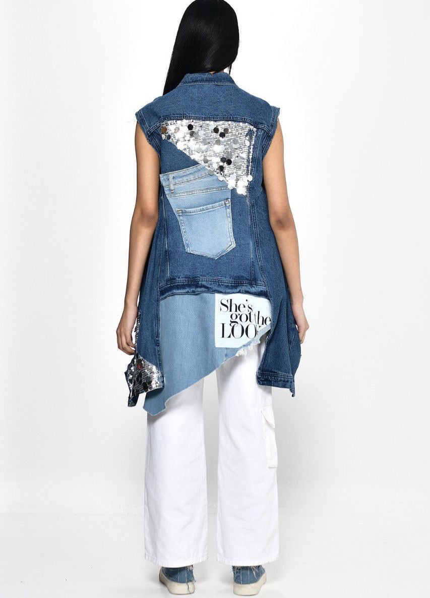 Divamo - Bulky Denim Vest With Sequence