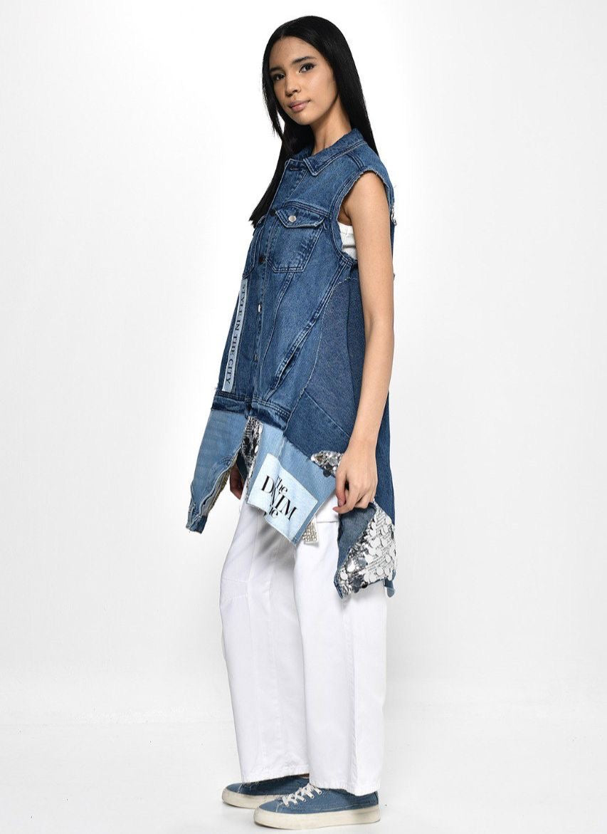 Divamo - Bulky Denim Vest With Sequence