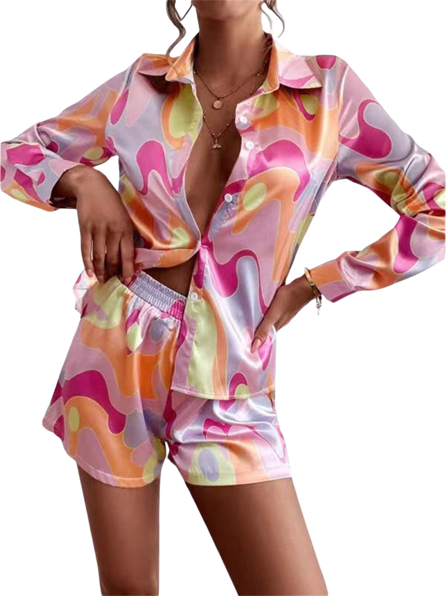 Divamo - Tracksuits Set Button Down Shirt Blouse High Waist Shorts Summer Clothes Outfits