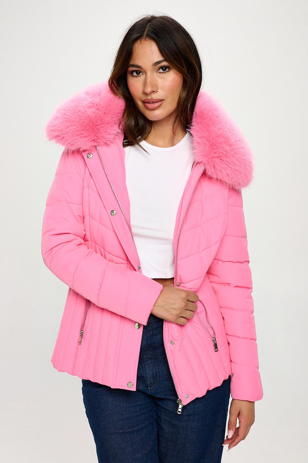 Divamo - Puffer Coat with with Removable Faux Fur Collar