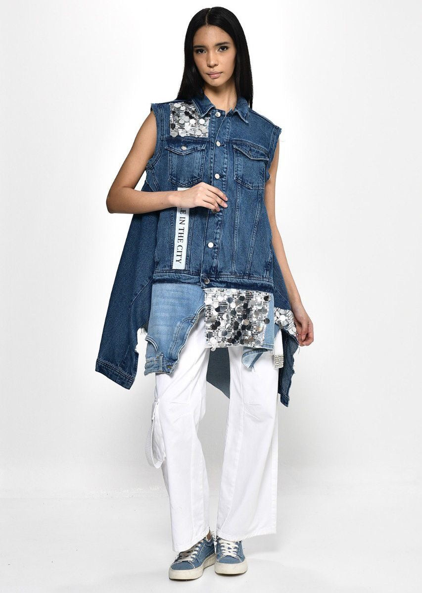 Divamo - Bulky Denim Vest With Sequence