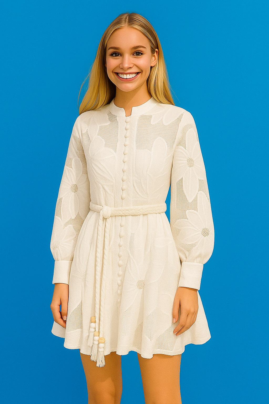 Divamo - Long puff sleeves floral embroidery Short Dress - White