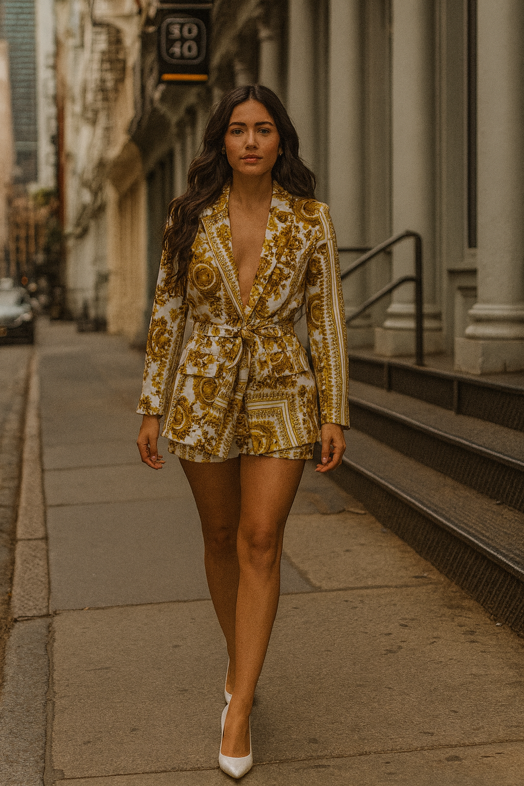 Divamo - Baroque Print Long Sleeve Blazer Short Set