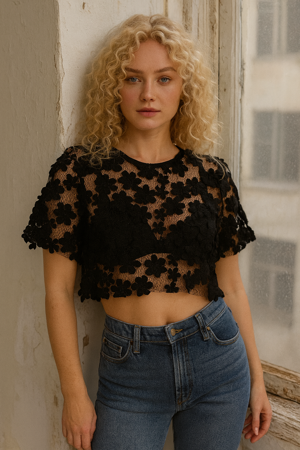 Divamo - Black Floral Lace Sheer Crop Top