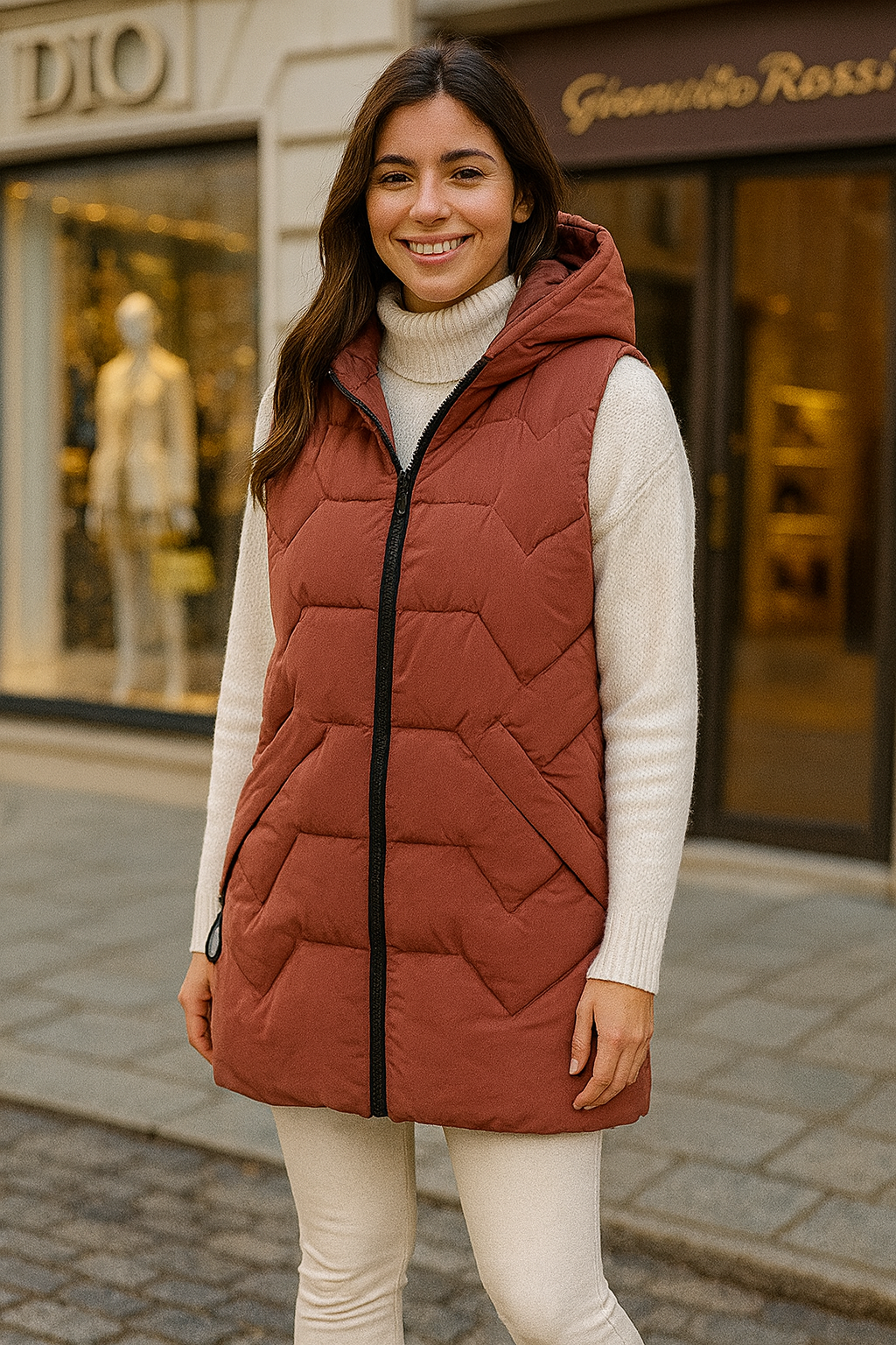 Divamo - Rust Quilted Puffer Vest with Hood