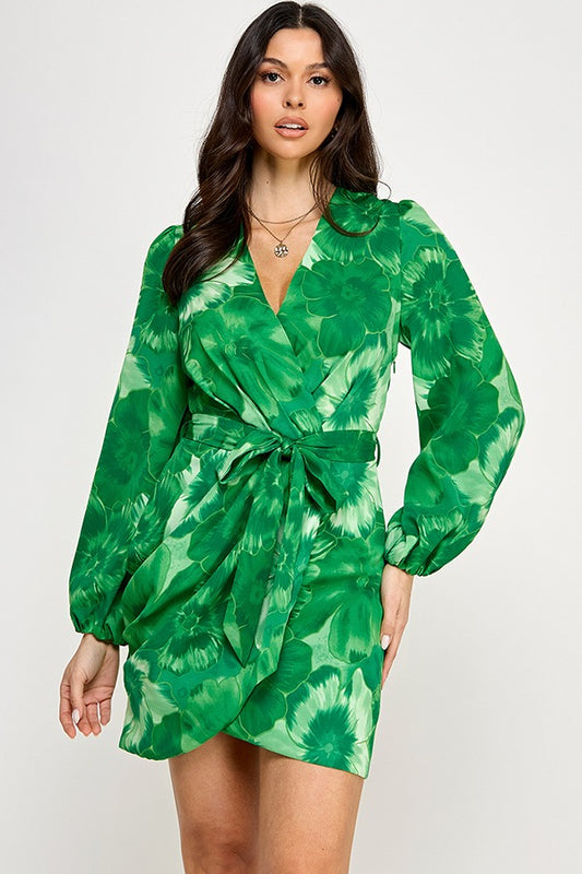 Divamo - Surplice Printed Wrap Mini Dress
