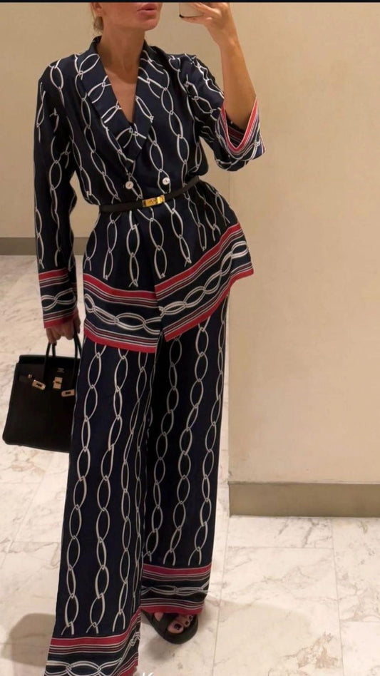 Navy Chain Print Two-Piece Set (Blazer & Wide-Leg Pants)