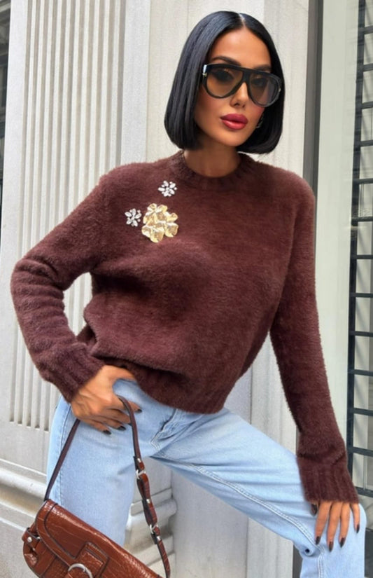 Cozy Chocolate Brown Fuzzy Sweater with Crystal Floral Detail