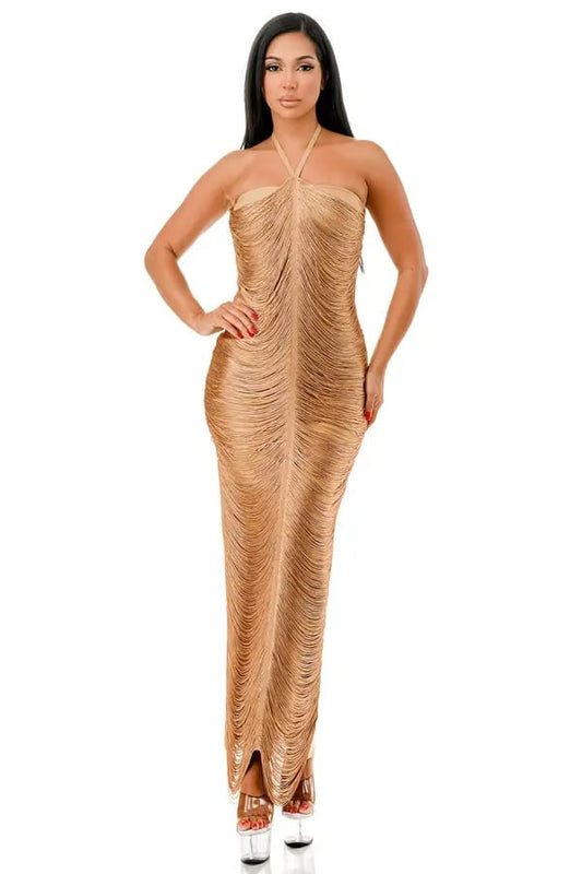 Gold Halter Neck Metallic Fringe Maxi Dress