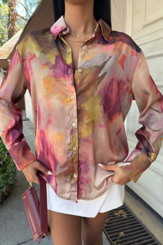 Satin Watercolor Print Button-Up Blouse