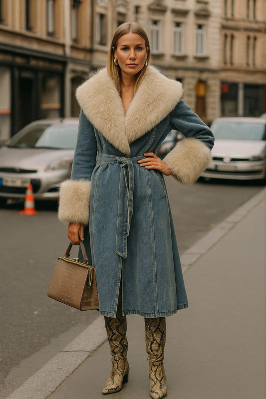 Denim Trench Coat with Faux Fur Collar & Cuffs