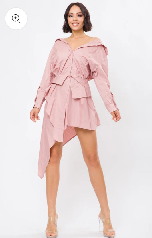 Divamo - Chic Asymmetrical Pink Shirt Dress – Belted Waist